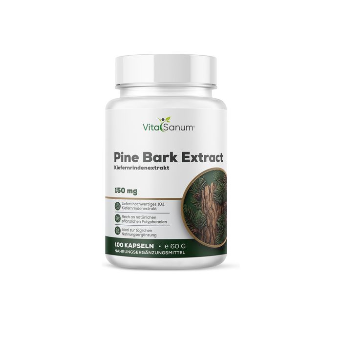 VitaSanum Pine Bark Extract capsules, 150 mg. Witte container met etiket met Pinus massoniana.