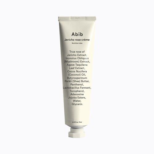 Tube blanc avec 'Abib Jericho rose crème Nutrition tube' et ingrédients.