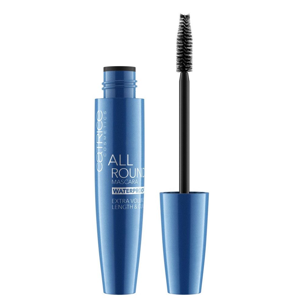 Tube de mascara bleu ouvert avec brosse. Inscription: ALL ROUND, WATERPROOF, EXTRA VOLUME & LENGTH. Brosse noire.