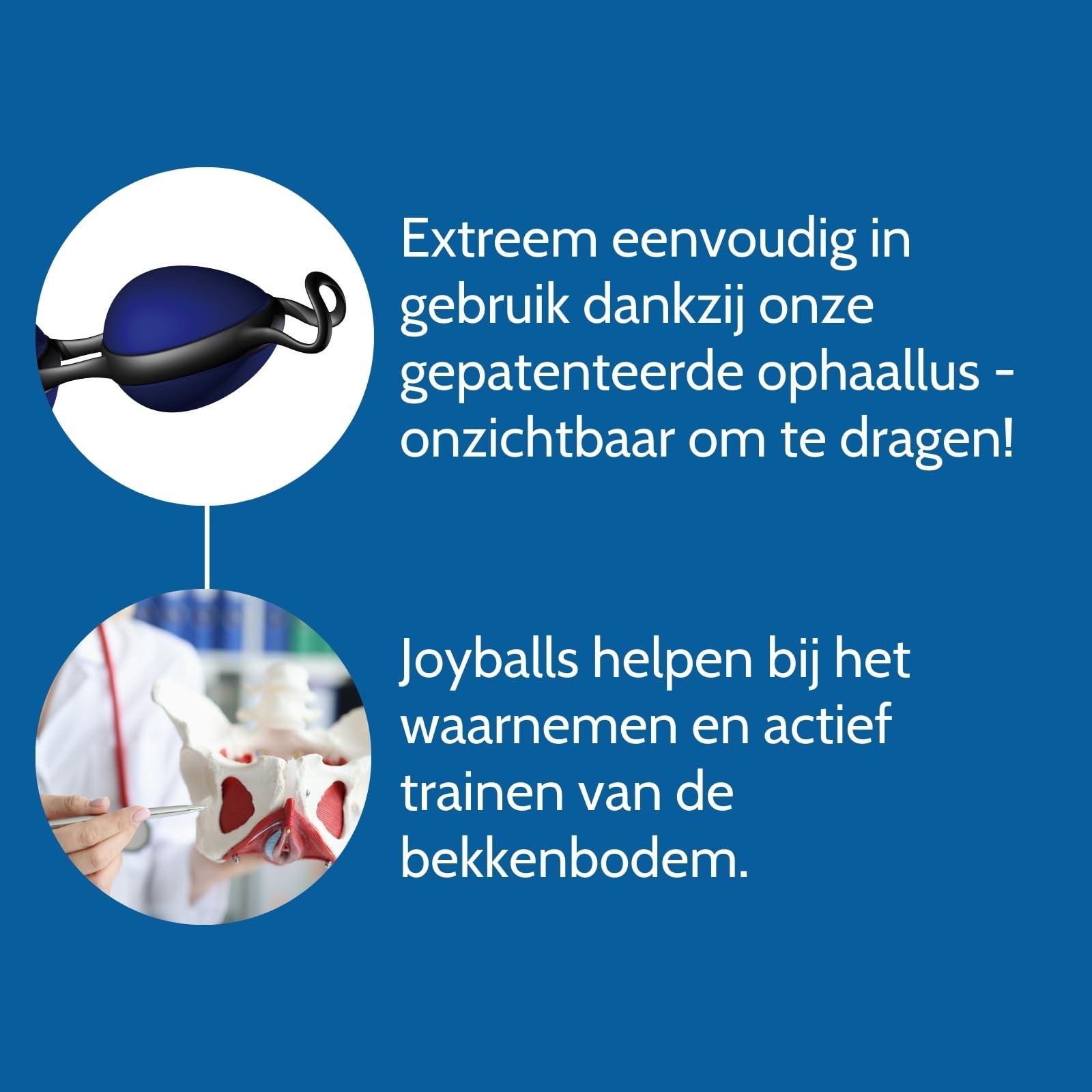 Een blauw bekkenbodemapparaat met gepatenteerd ophangsysteem. Naast een bekkenbodemmodel.