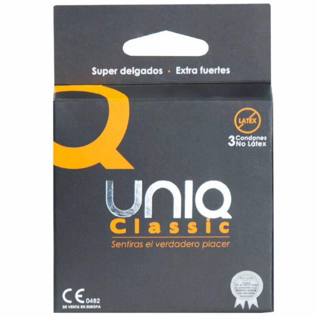 Verpakking van Uniq Classic condooms. Bevat 3 condooms zonder latex. Opschrift: Super delgados, Extra fuertes.