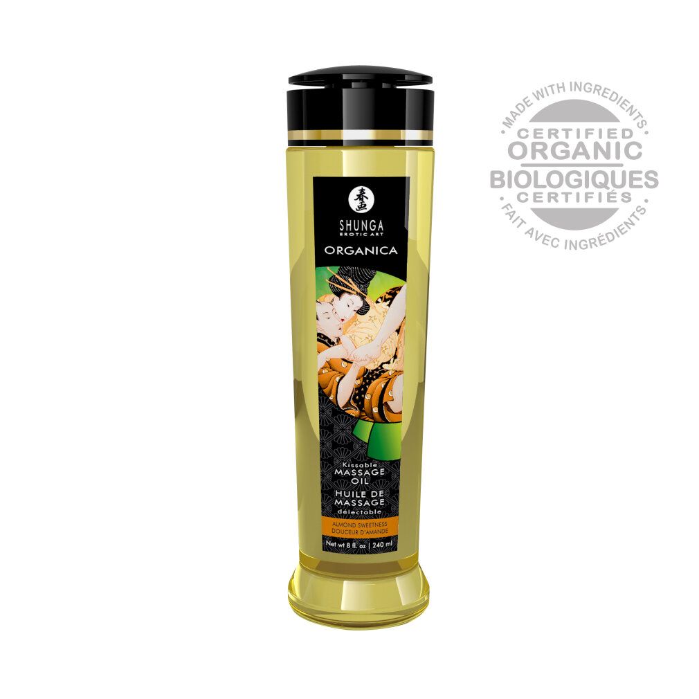 Bouteille d'huile de massage Shunga Organica avec sceau bio et bouchon noir.