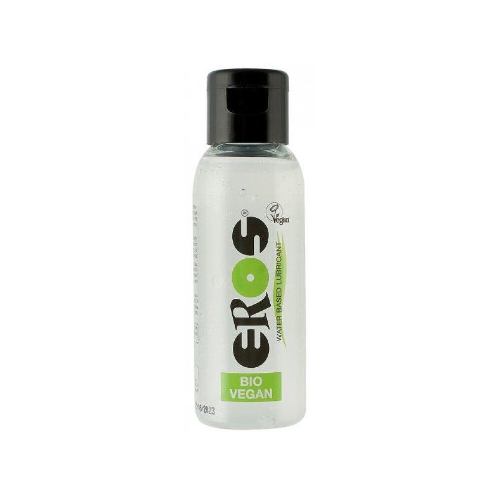 Lubrifiant Eros Bio & Vegan à base d'eau dans une bouteille transparente avec un bouchon noir.