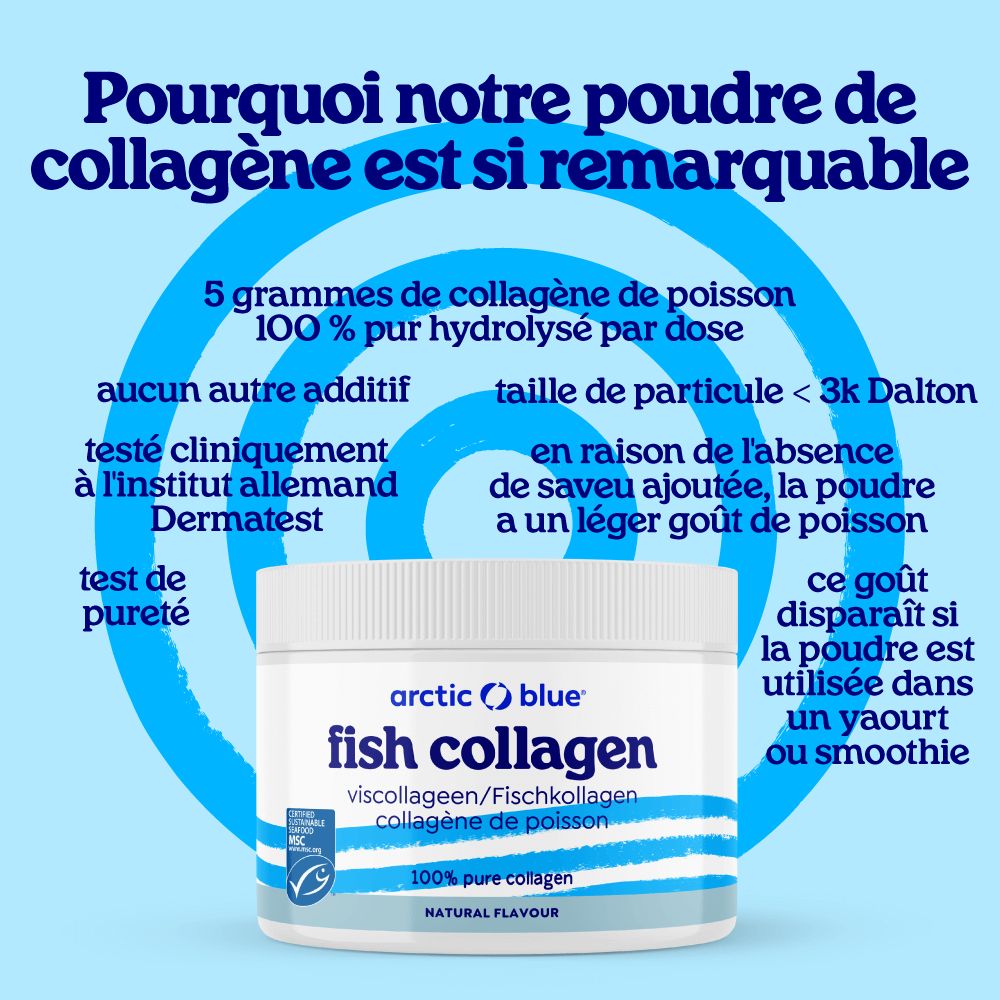 Collagène Arctic Blue: 100% pur collagène de poisson, testé cliniquement.