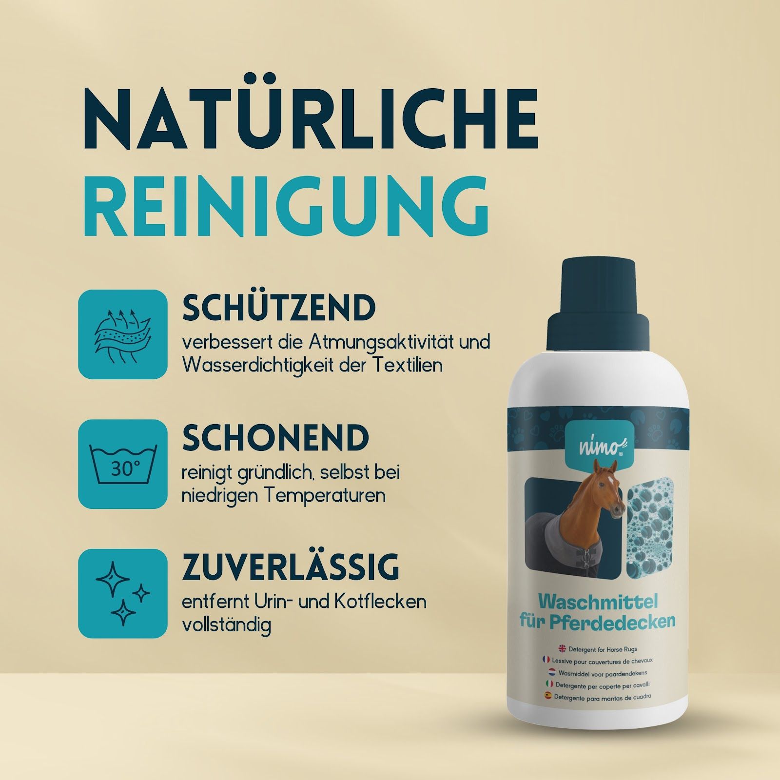 nimo® reinigingsmiddel voor paardendekens • reinigt betrouwbaar zonder geur- en kleurstoffen