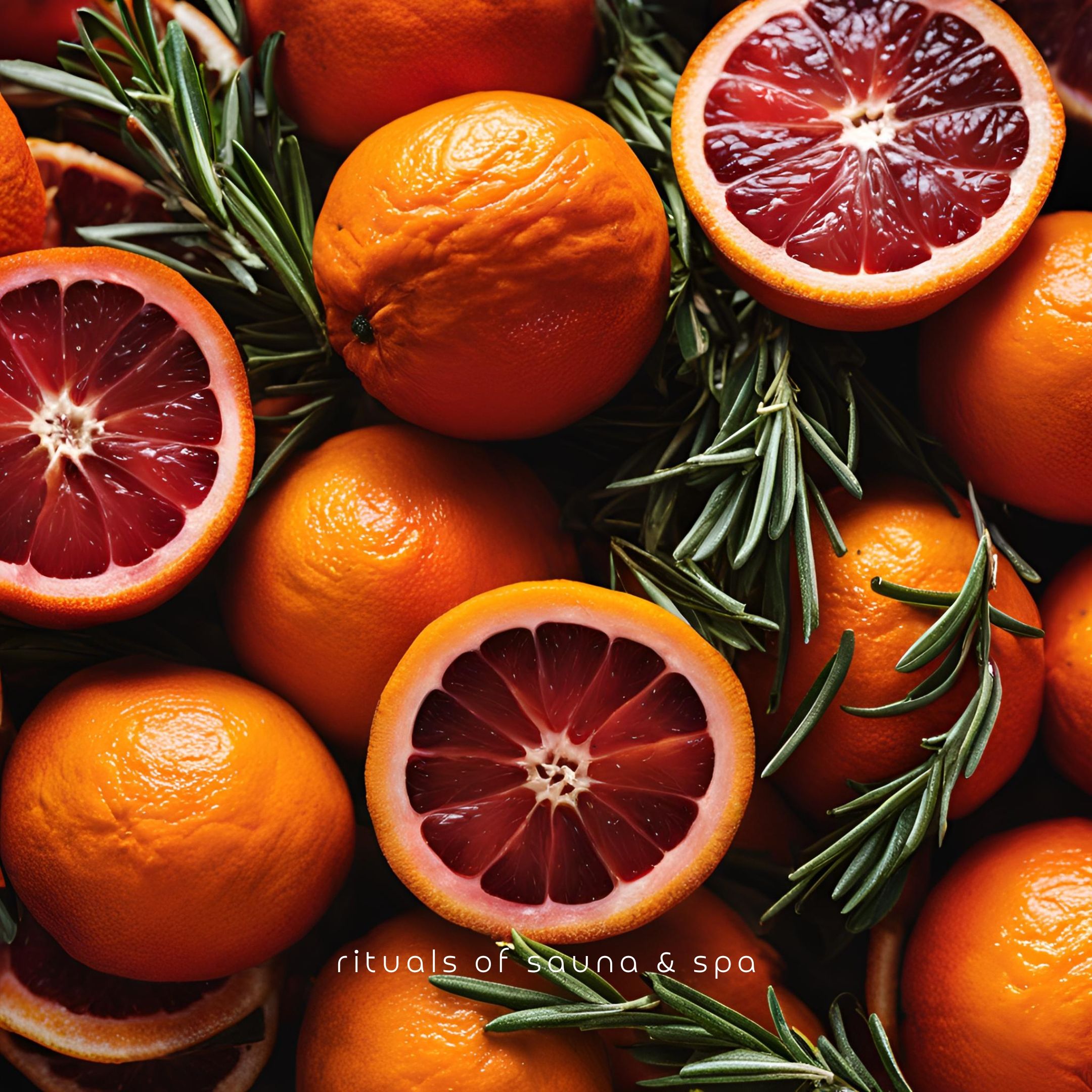Oranges sanguines entières et coupées, avec des brins de romarin. La chair rouge est visible dans les moitiés d'orange.