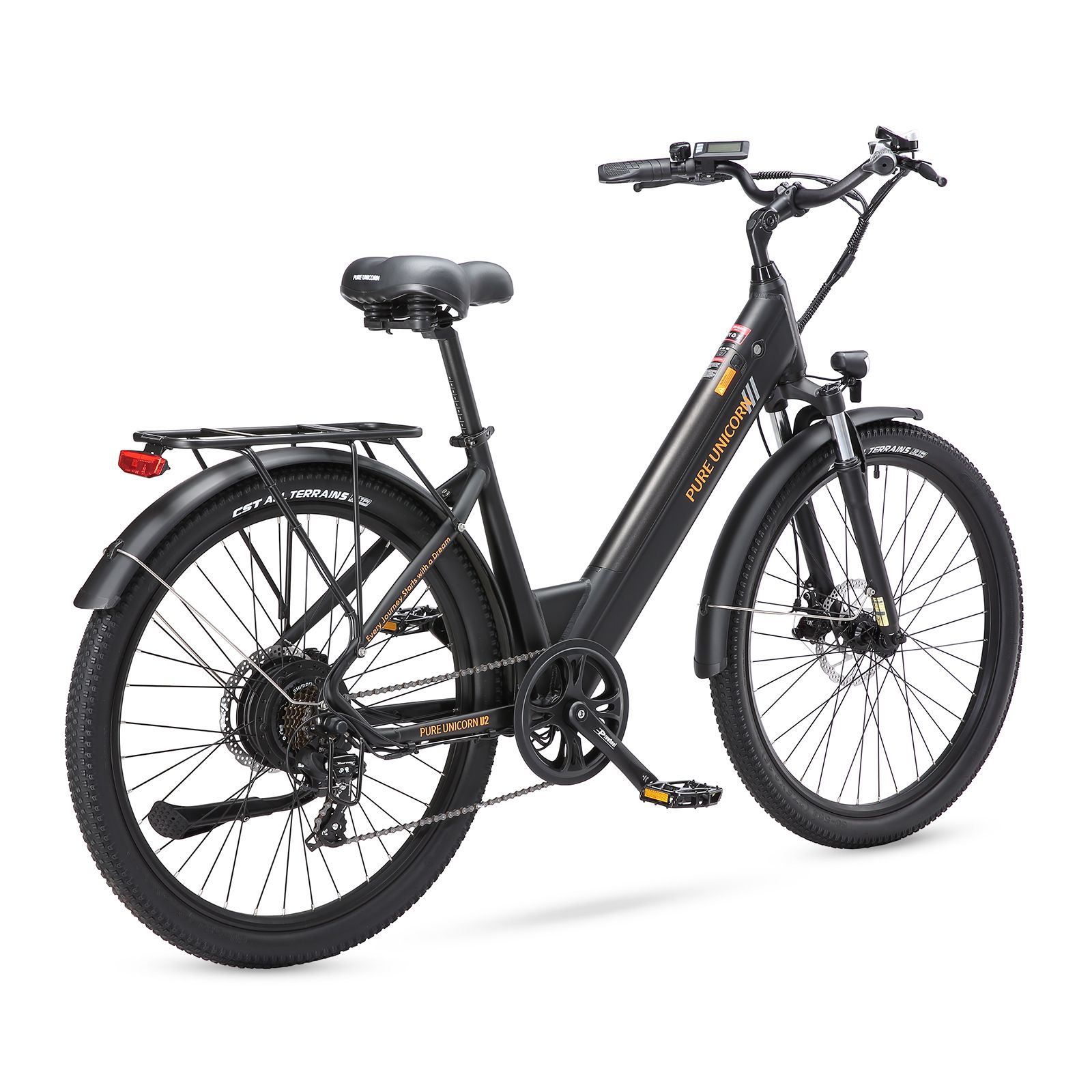 Vélo électrique noir avec lettrage jaune PURE UNICORN. Porte-bagages, garde-boue et feu arrière.