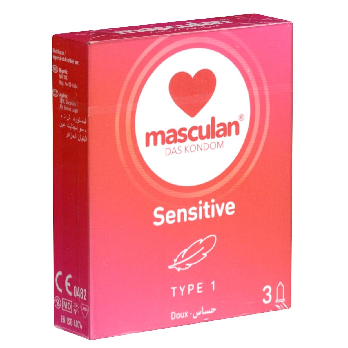 Verpakking van Masculan condooms, type 1, Sensitive. Met hart- en veersymbool. Bevat 30 stuks. Meertalige tekst.