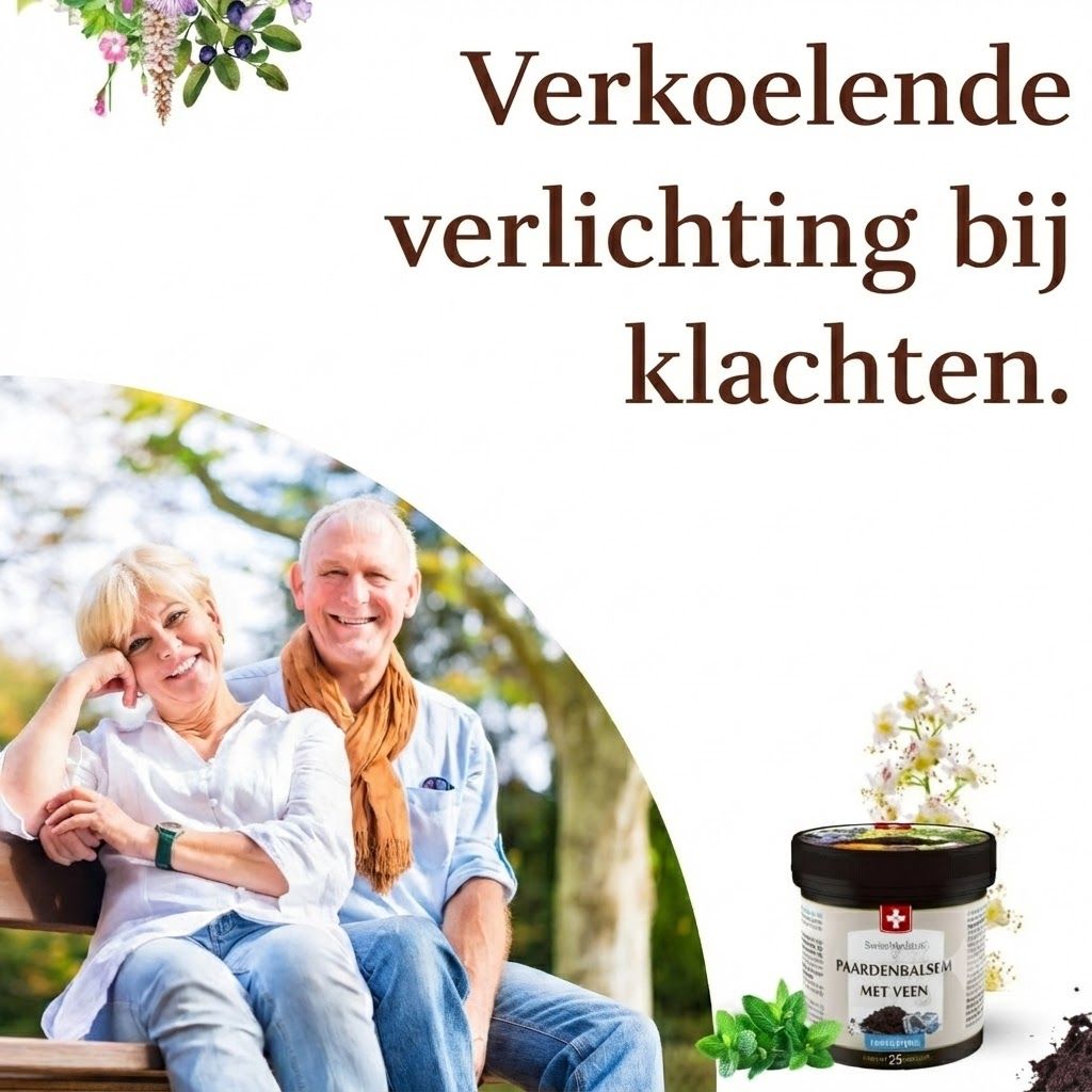 Een ouder echtpaar zit op een bankje. Naast hen een pot paardenbalsem.