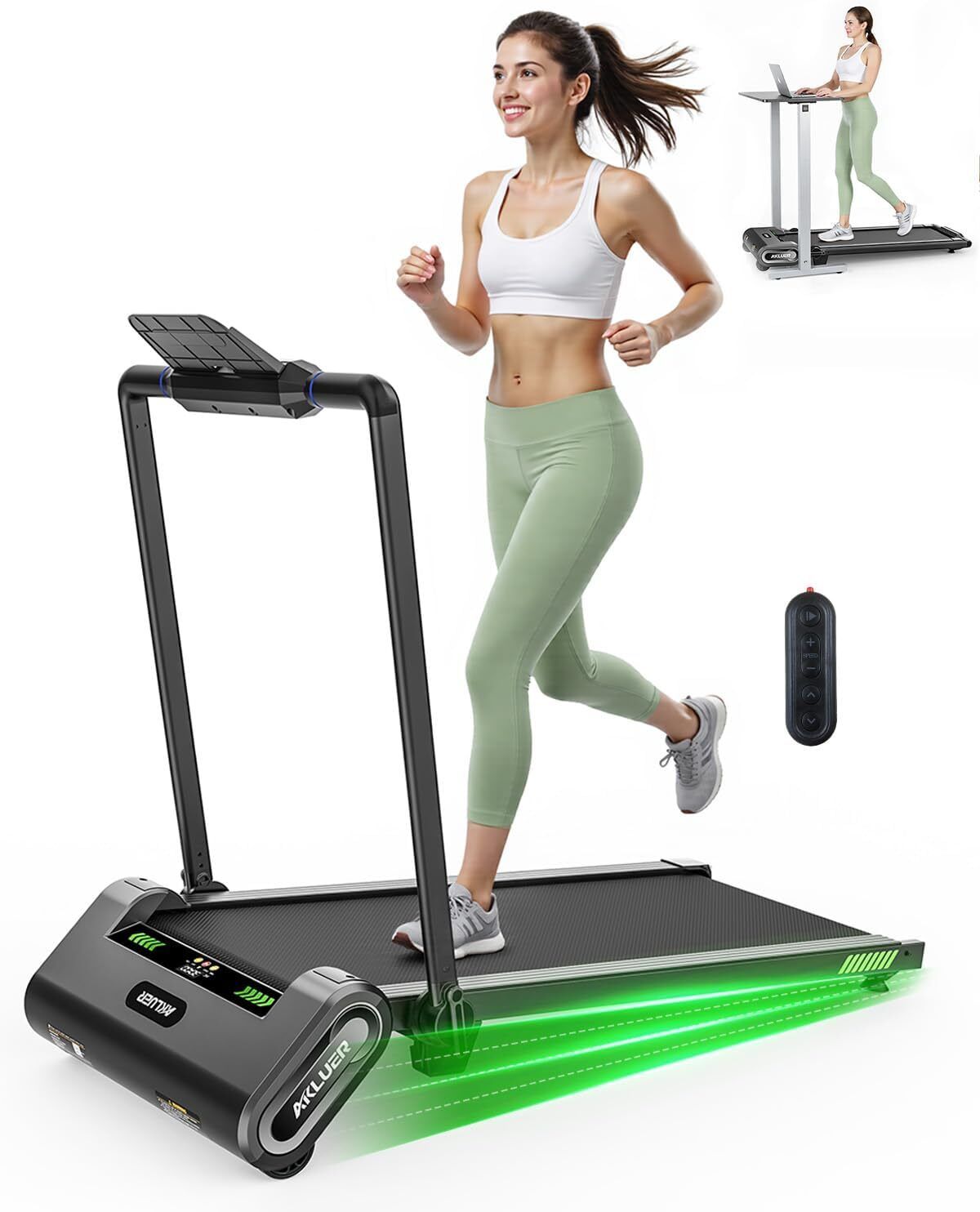 Tapis de marche avec inclinaison automatique et télécommande. Ligne verte. Personne courant dessus. Télécommande.