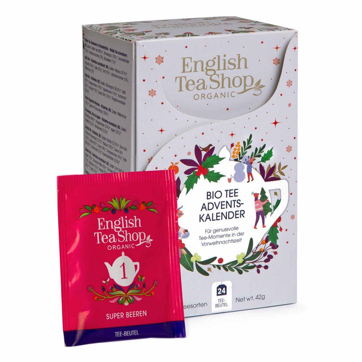 Emballage de 24 sachets de thé. Marque : English Tea Shop. Impression : Calendrier de l'Avent Bio. Sachet individuel avec "1 Super Fruits Rouges".