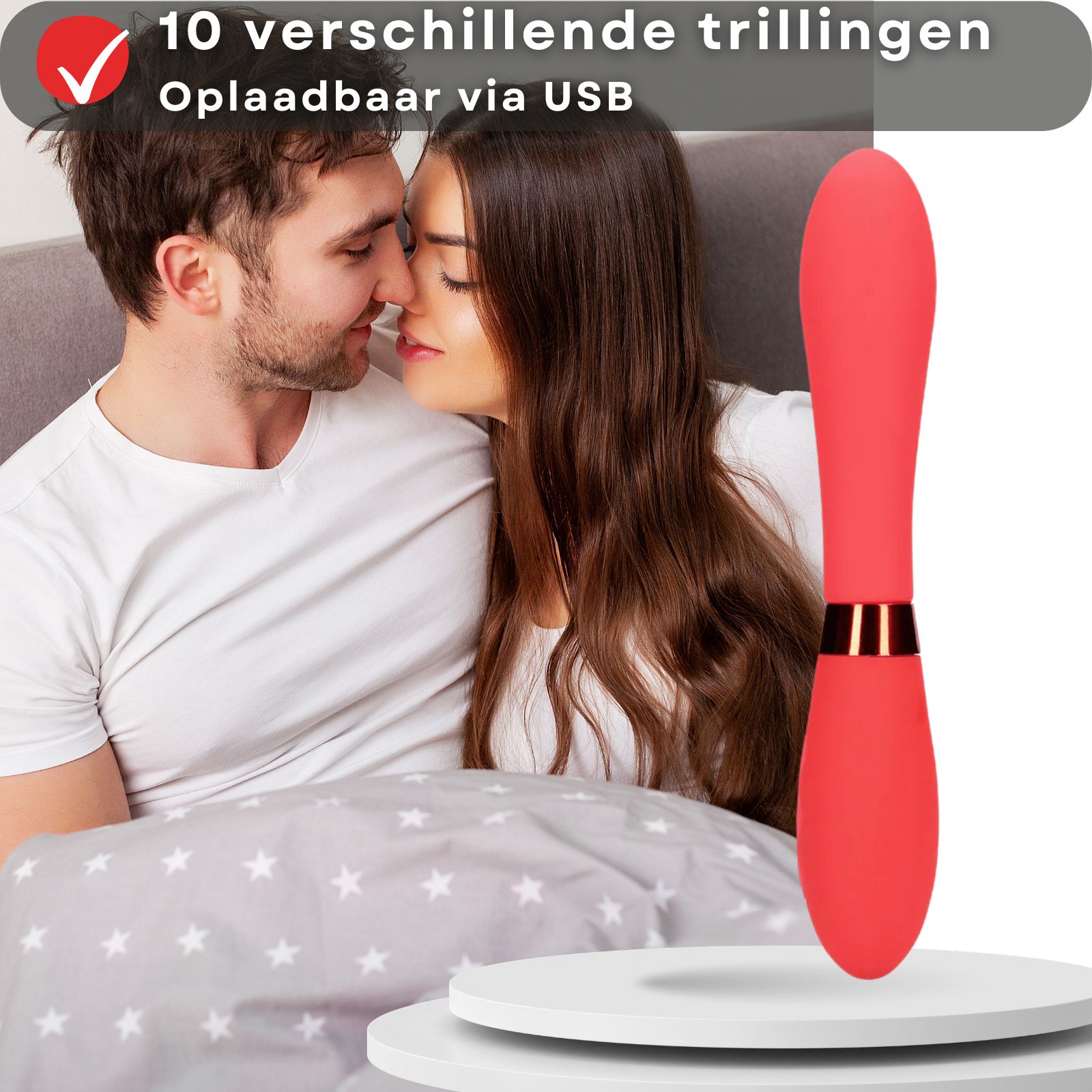Vibrateur rouge au premier plan, couple en arrière-plan. Texte : 10 vibrations différentes, rechargeable par USB.
