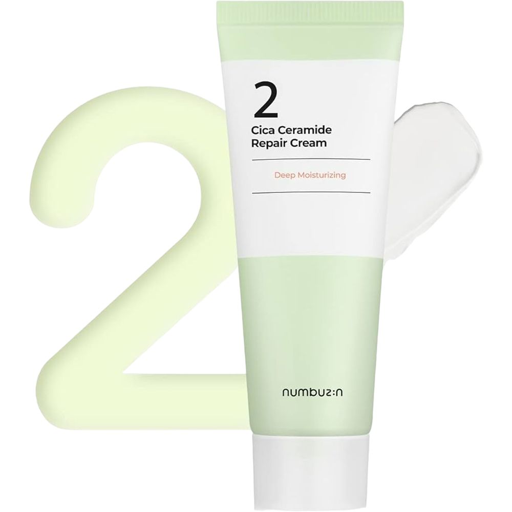 Tube de crème avec sections vertes et blanches. Inscription : 2 Cica Ceramide Repair Cream, Deep Moisturizing. Marque : numbuz:n. Grand 2 à côté.
