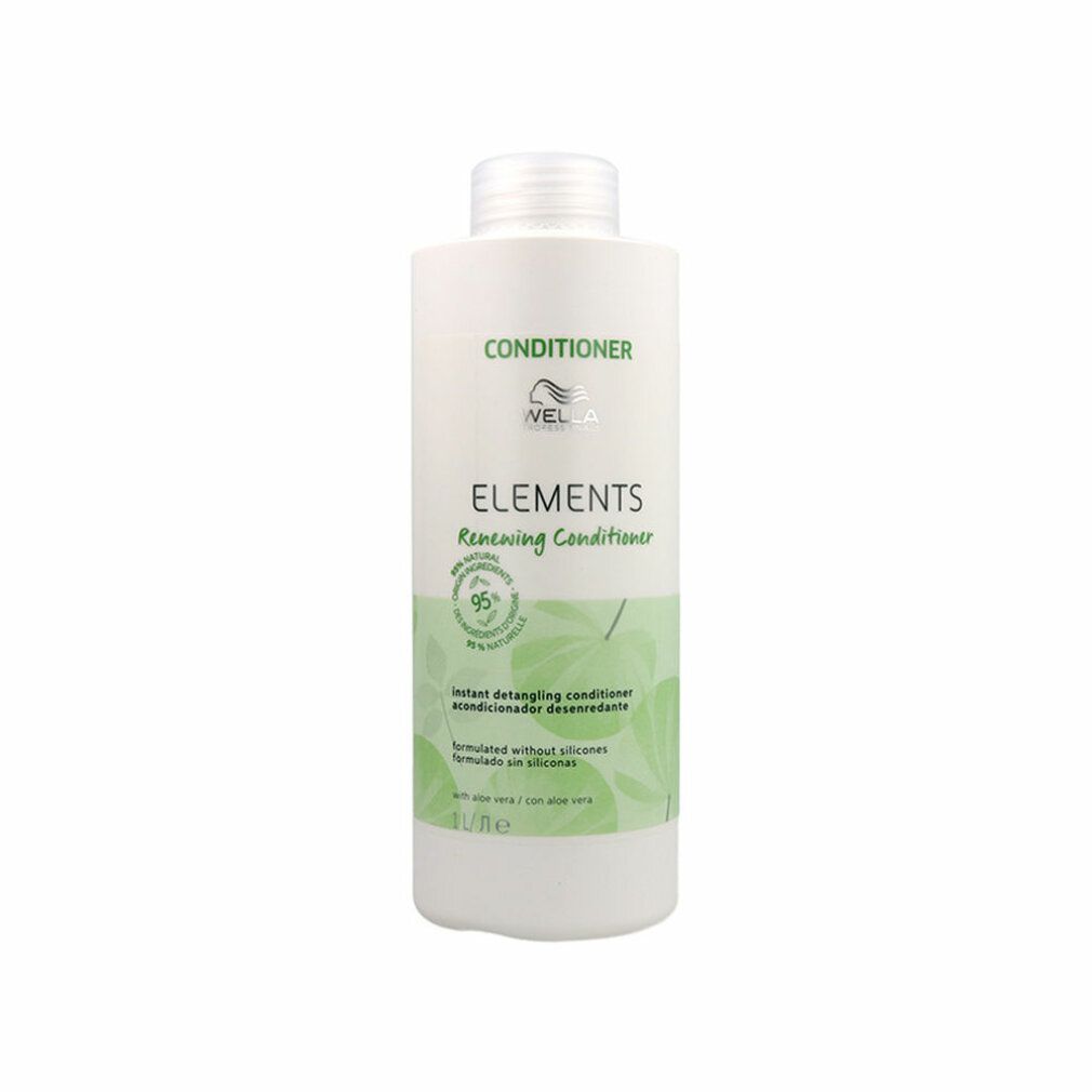 Flacon blanc avec motif de feuilles vertes. Inscription: CONDITIONER, ELEMENTS, Renewing Conditioner, 95% Natural.