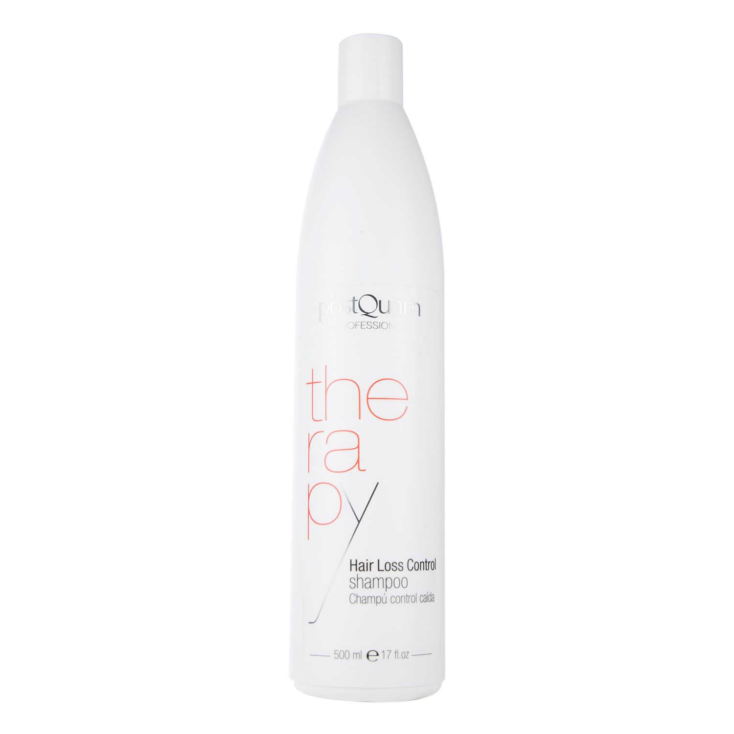 Witte fles met rode tekst. Tekst: Hair Loss Control Shampoo. Volume: 500 ml.