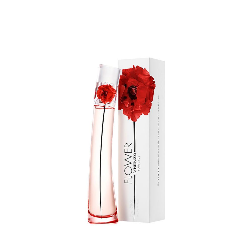 Flacon de parfum et emballage avec une fleur rouge sur une boîte blanche.