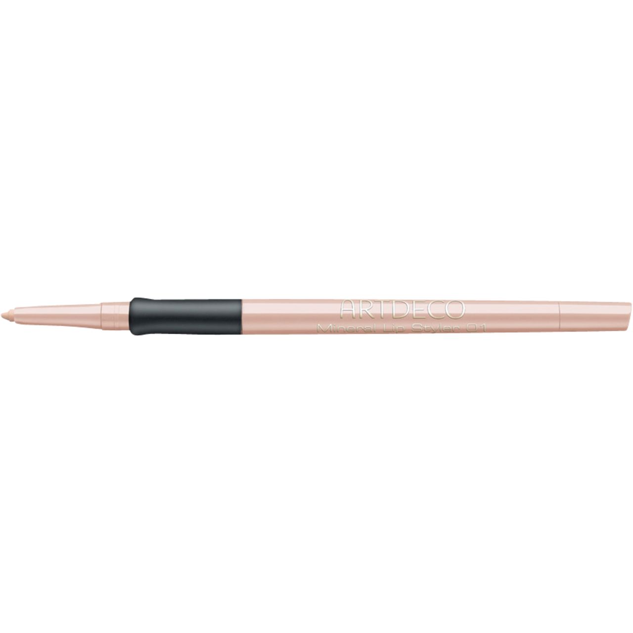 Stylo à lèvres. Stylo rose avec section noire. Pointe et extrémité visibles. Inscription.
