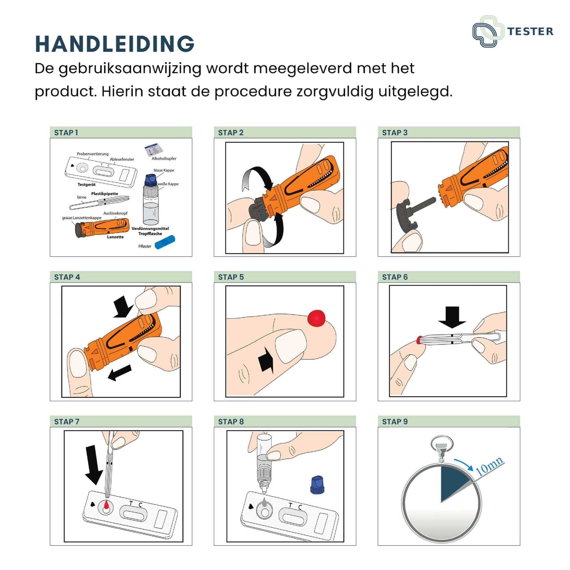 Instructies voor zelftest tetanus: 9 stappen, inclusief bloedafname en resultaat aflezen.