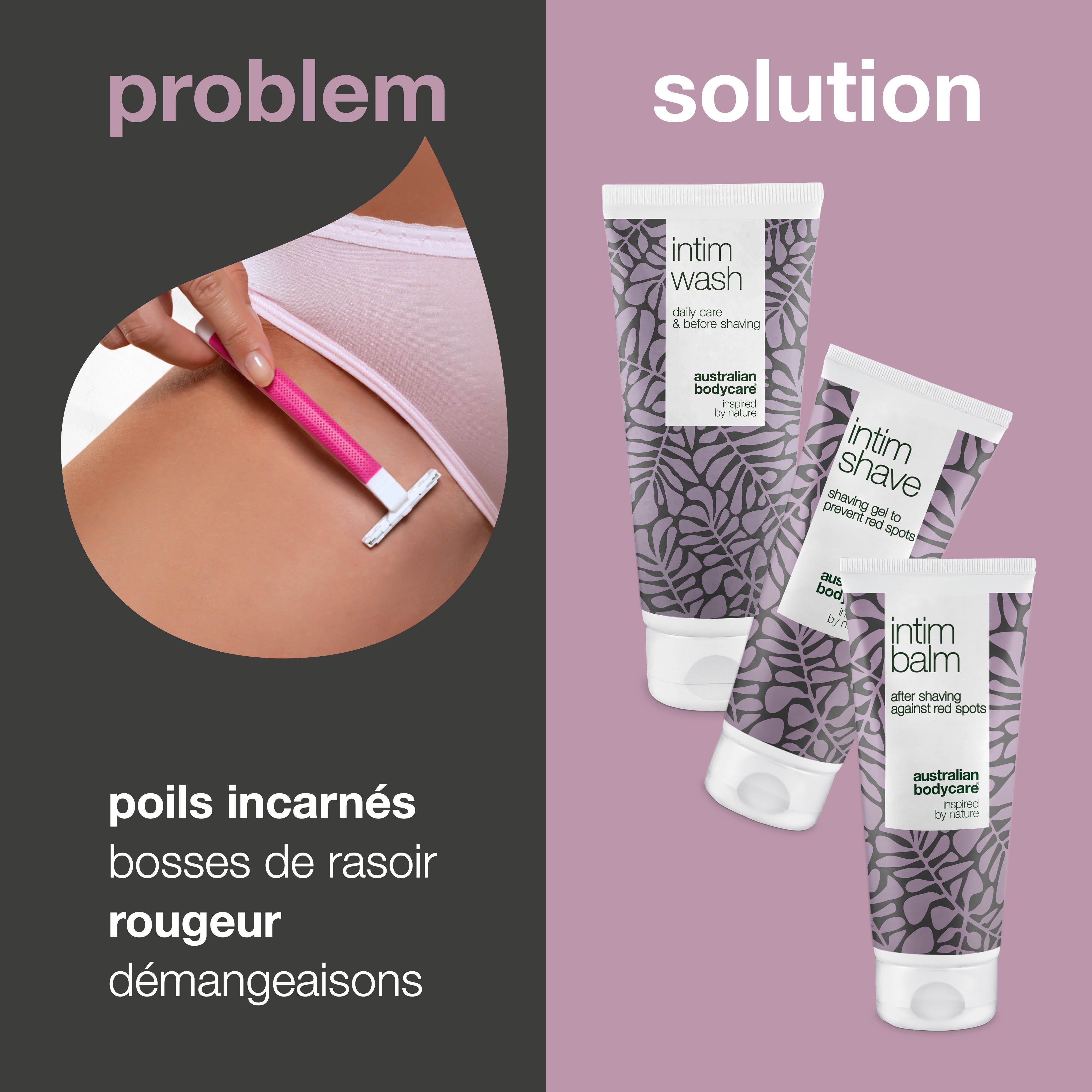 Problème : poils incarnés, bosses de rasoir. Solution : trois produits Australian Bodycare Intimrasur.