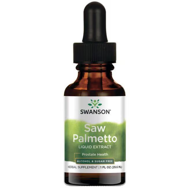 Bruine glazen fles met zwarte druppelaar. Etiket met "SWANSON", "Saw Palmetto Liquid Extract", "Prostate Health", en "Herbal Supplement".