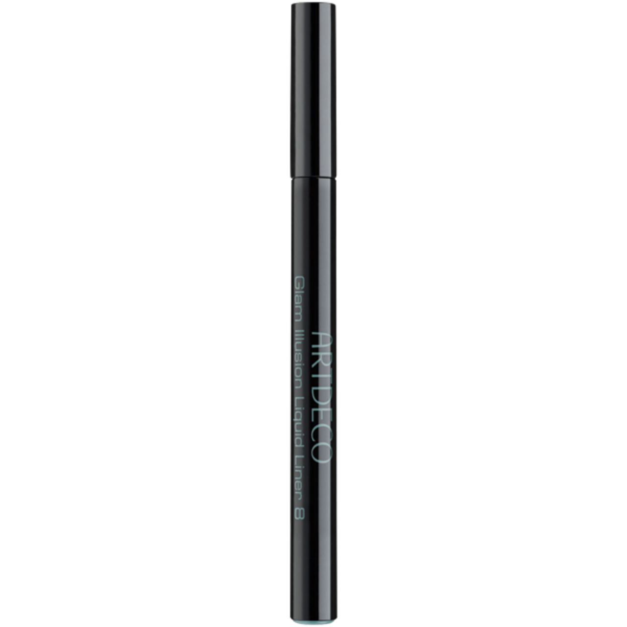 Zwarte Artdeco Glam Illusion Liquid Liner. Slanke, cilindrische vorm. Zwarte pen met tekst. Punt omhoog.