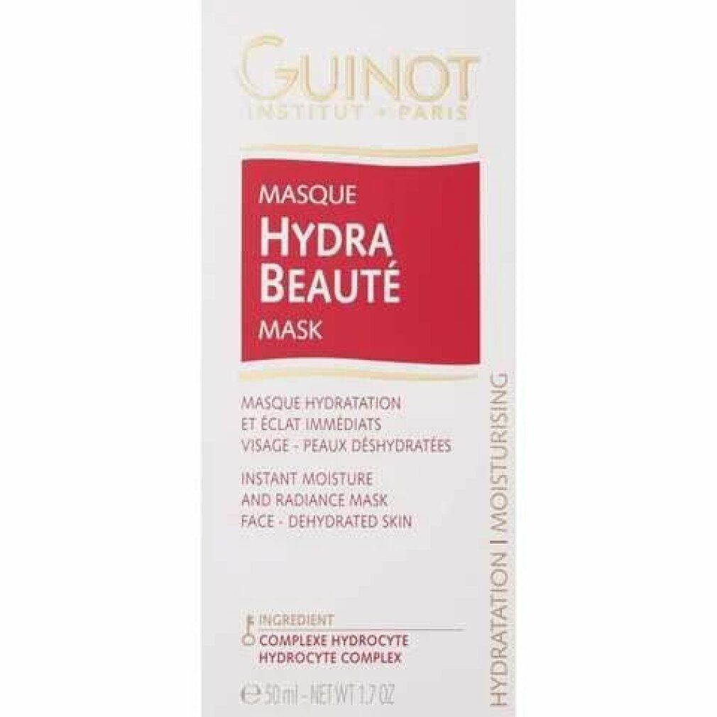 Productverpakking. Opschrift: Guinot, Masque Hydra Beaut, Moisture-Supplying Radiance Mask. Tekst in het Frans en Engels. 50 ml.