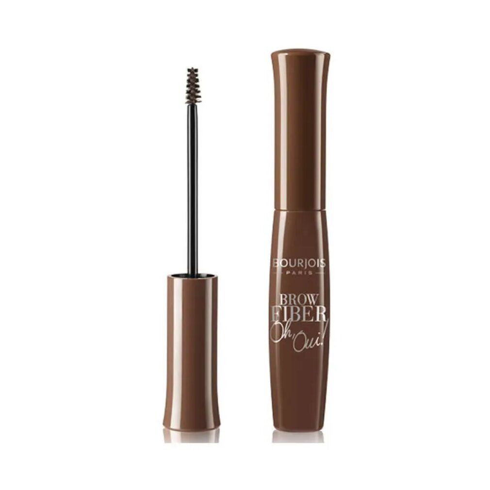 Wenkbrauwmascara, bruine tube en applicator. Opschrift: Bourjois Brow Fiber Oh Oui!