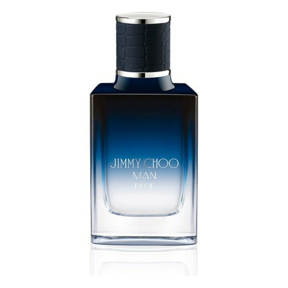Rechthoekige fles Jimmy Choo Man Blue. Blauw-transparante vloeistof. Zwarte dop met zilveren ring.