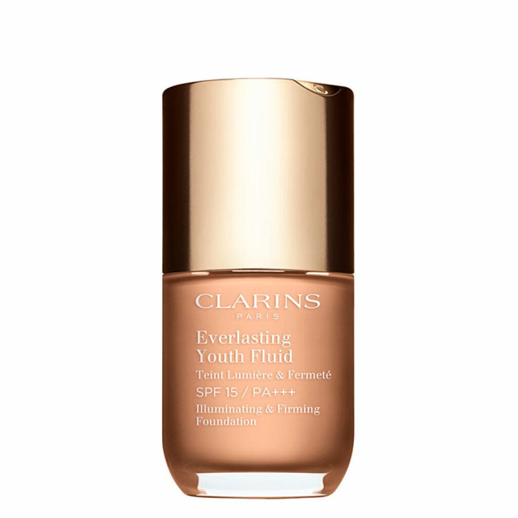 Fond de teint Clarins Everlasting Youth Fluid dans un flacon en verre avec bouchon doré. Teinte : Brun clair.