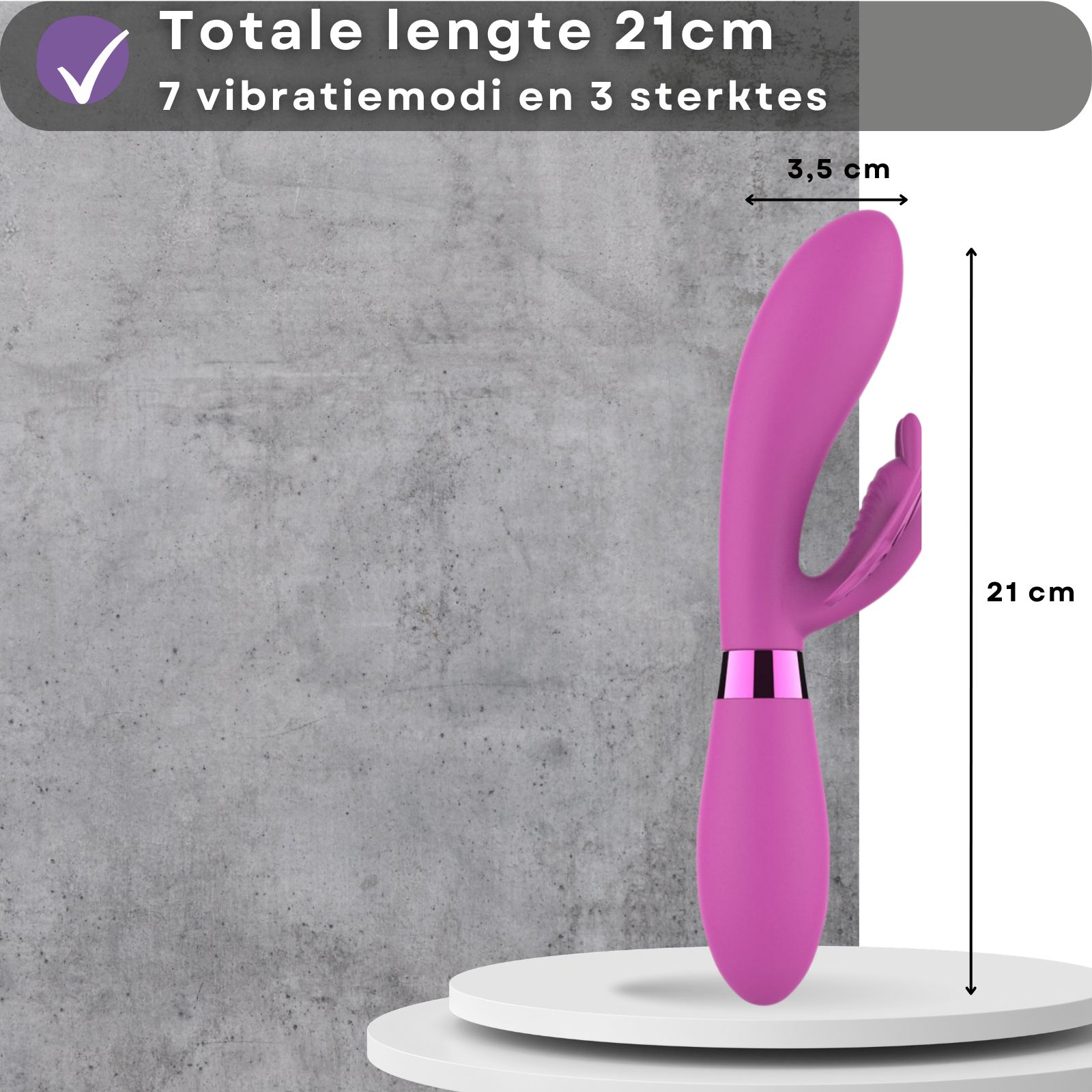 Roze vibrator met konijnenoren. 21cm lang, 3,5cm diameter. Op wit voetstuk. Vibratiefunctie.