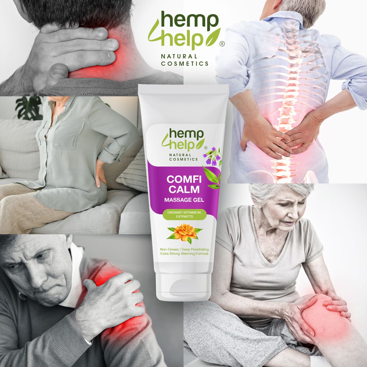 Witte-paarse tube met productnaam. Afbeeldingen tonen pijngebieden: nek, rug, schouder, knie. Merk: hemp help.