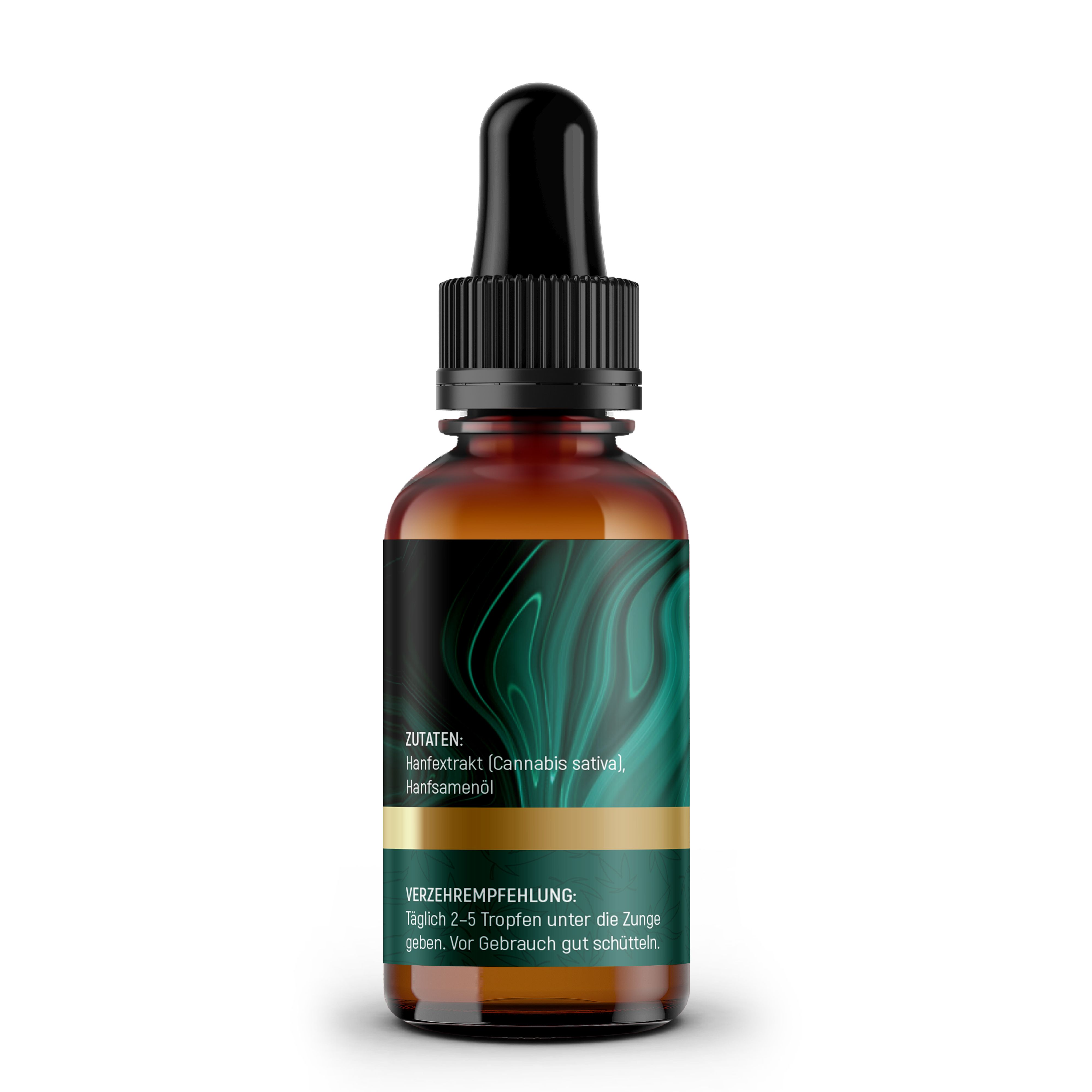 Bruine glazen fles met zwarte druppelaar. Etiket met ingrediënten en aanbevelingen. Tekst: Hennep extract, hennepzaadolie.