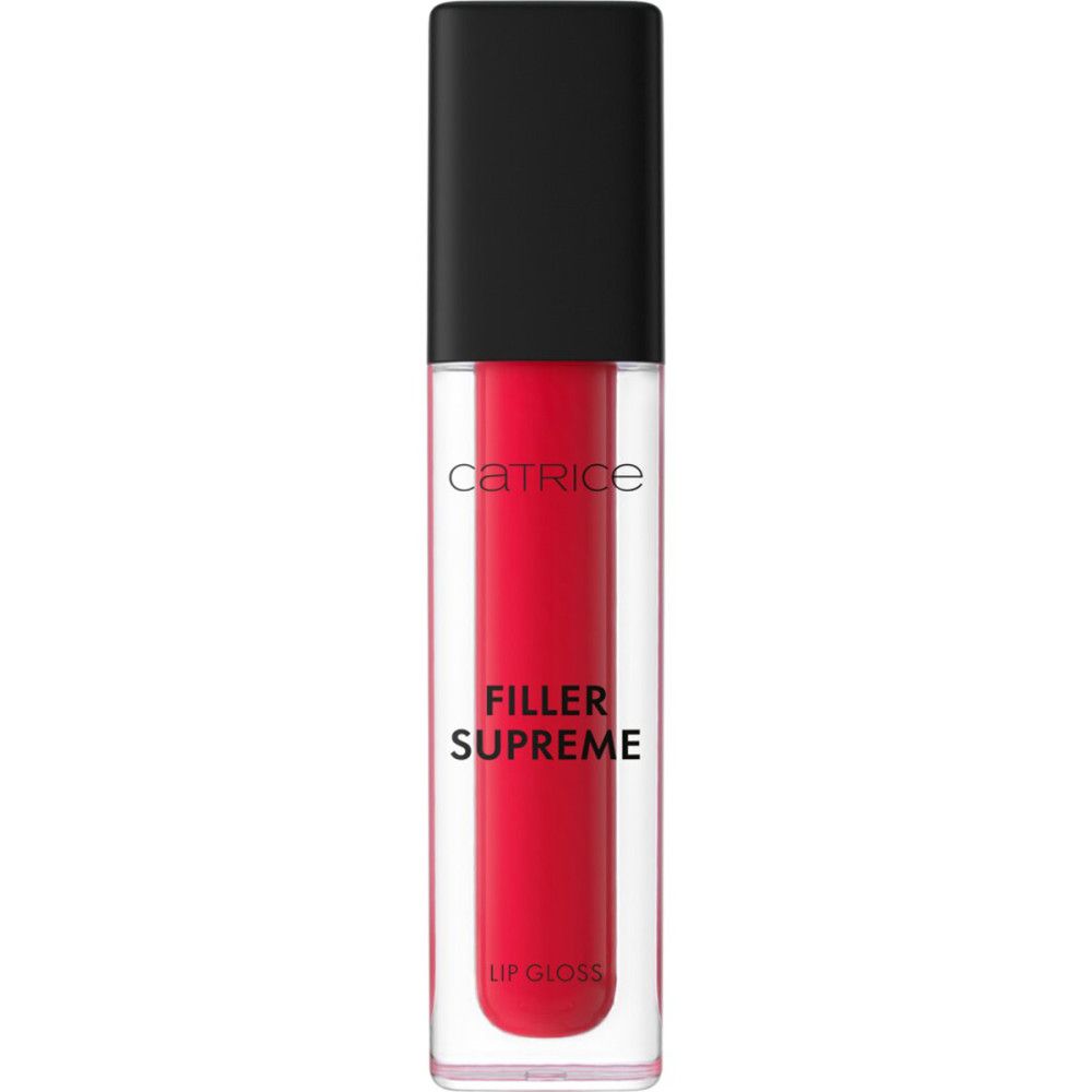 Catrice lipglossflesje, rood. Zwarte dop. Opschrift: Catrice, Filler Supreme, Lip Gloss.