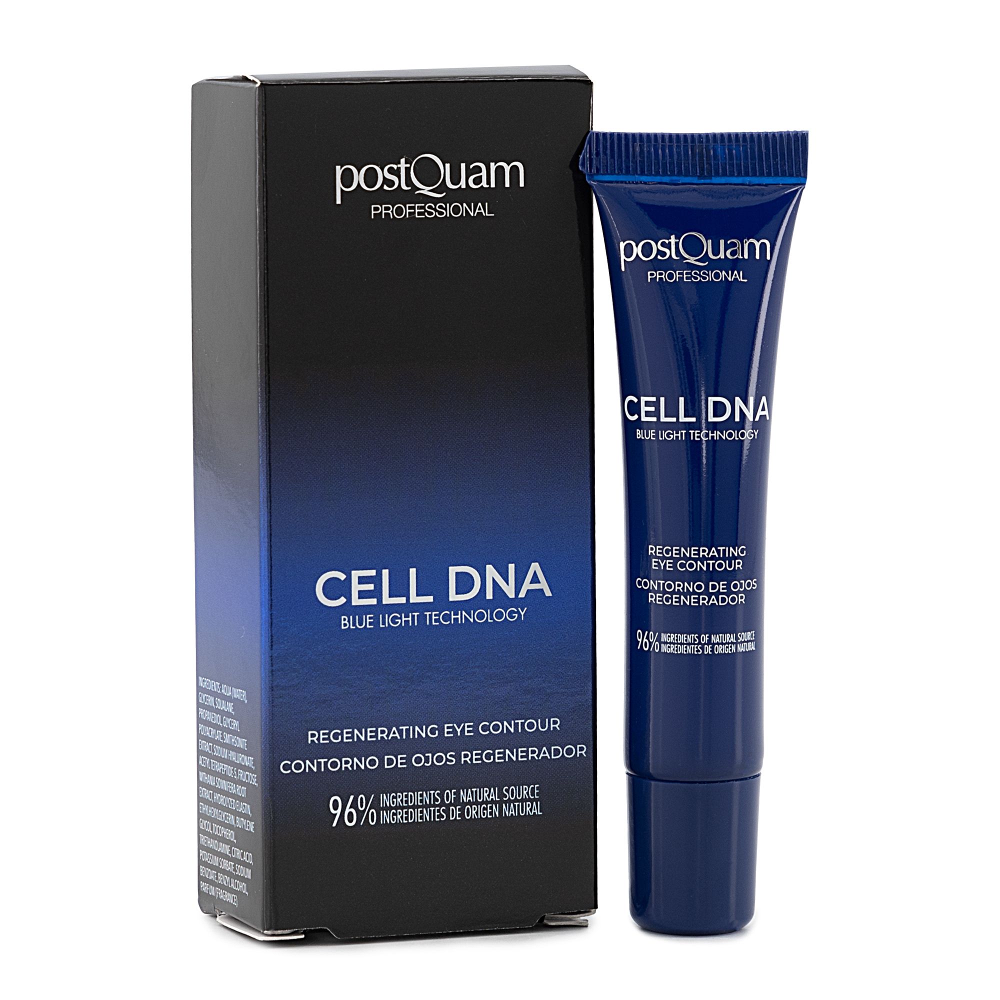 Tube et boîte bleu foncé. Inscription: Postquam Professional, CELL DNA, Regenerating Eye Contour. 96% ingrédients d'origine naturelle.