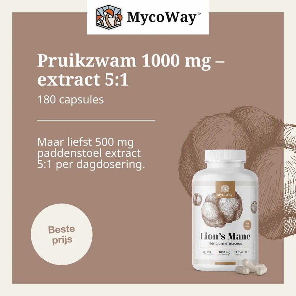 Fles Lion's Mane en capsules. Tekst: Pruikzwam 1000 mg - extract 5:1. Merk: MycoWay.