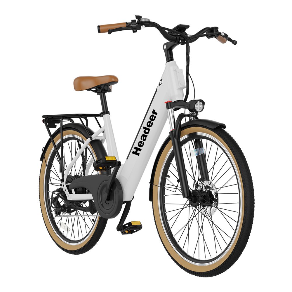 Witte e-bike met bruine banden en zadel. Merk Headeer. Zwarte spatborden en bagagedrager.