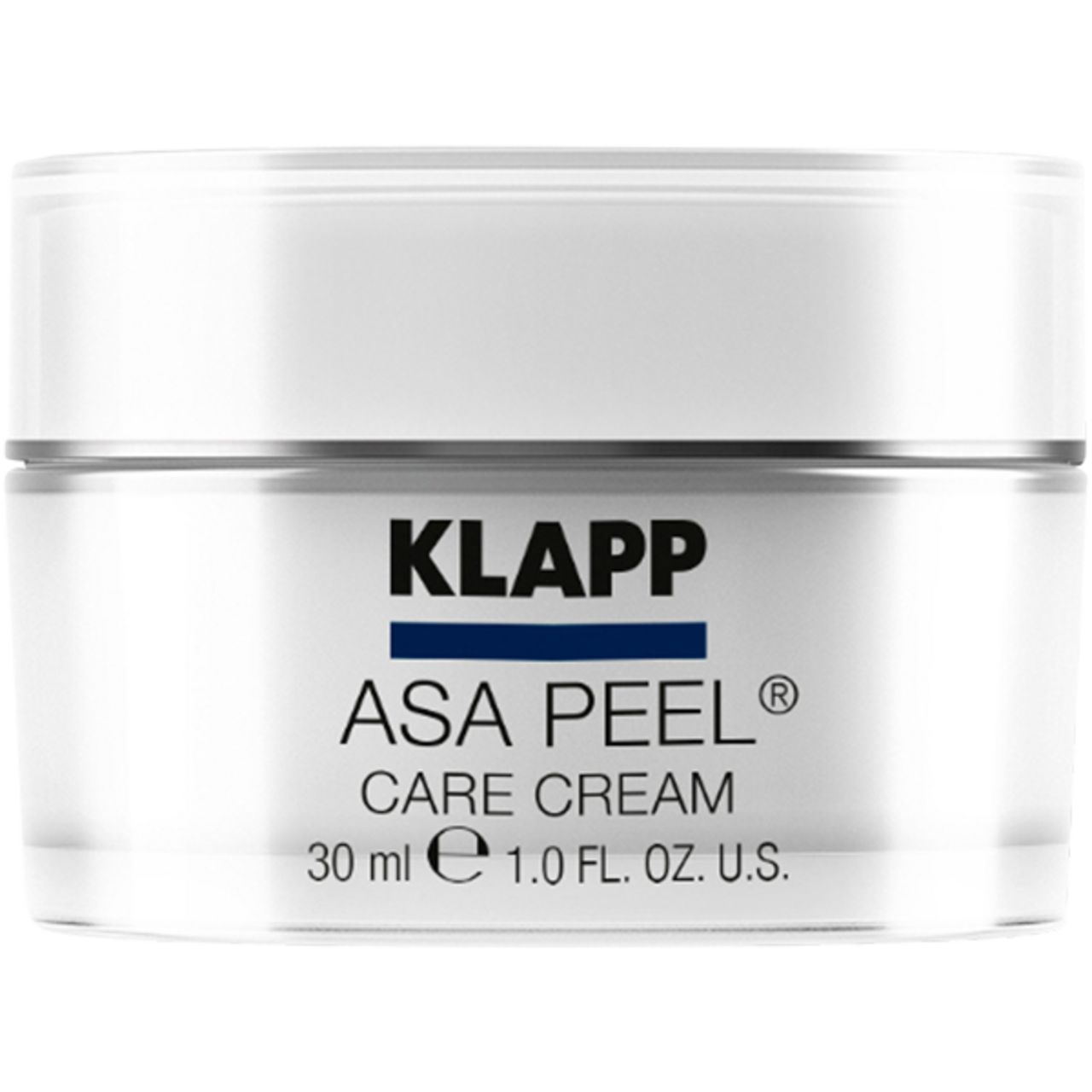Crèmepot met witte deksel. Opschrift: KLAPP, ASA PEEL CARE CREAM, 30 ml, 1.0 FL. OZ. U.S.