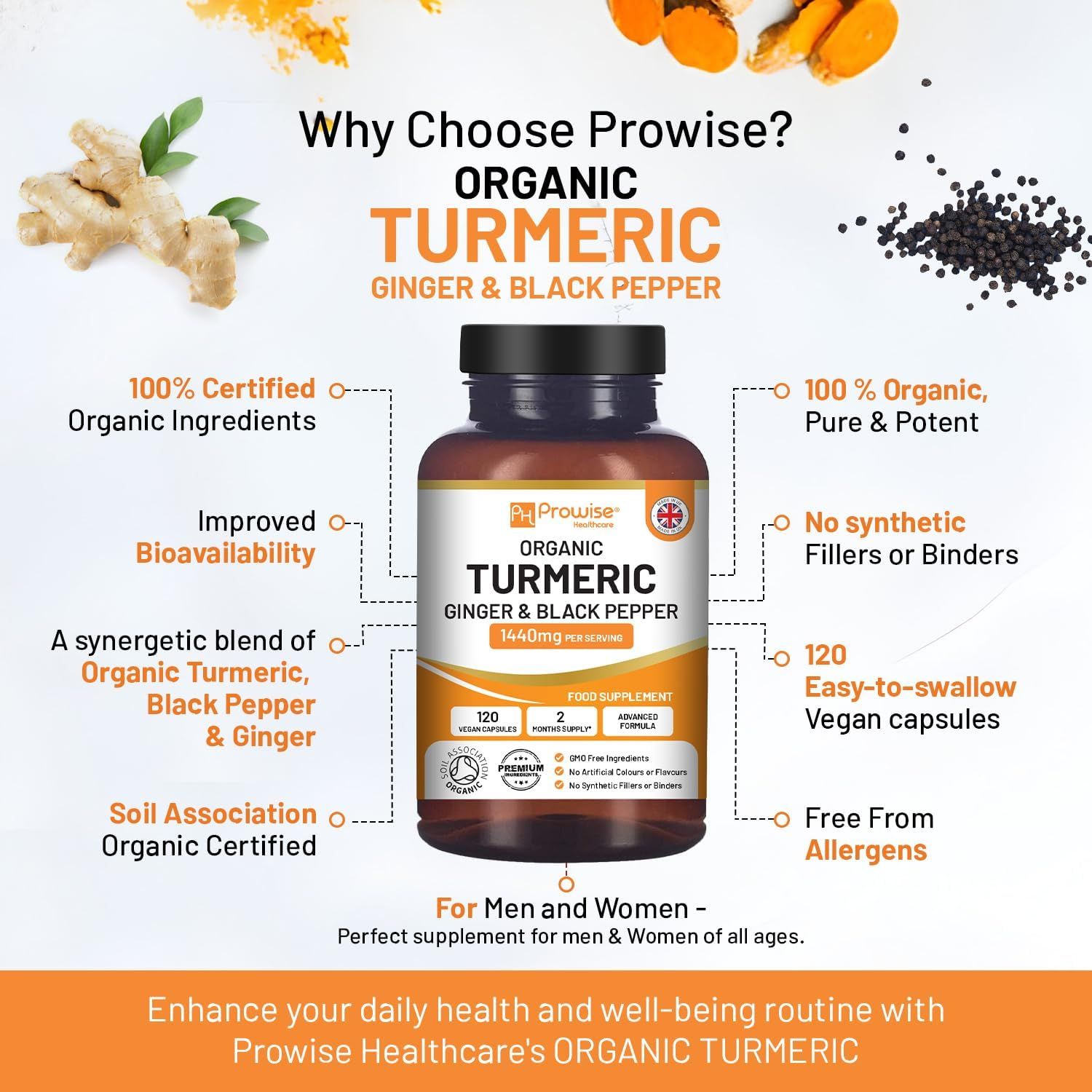 Fles met capsules. Opschrift: ORGANIC TURMERIC GINGER & BLACK PEPPER. 120 vegan capsules. Gecertificeerd biologisch product. Voordelen en ingrediënten.