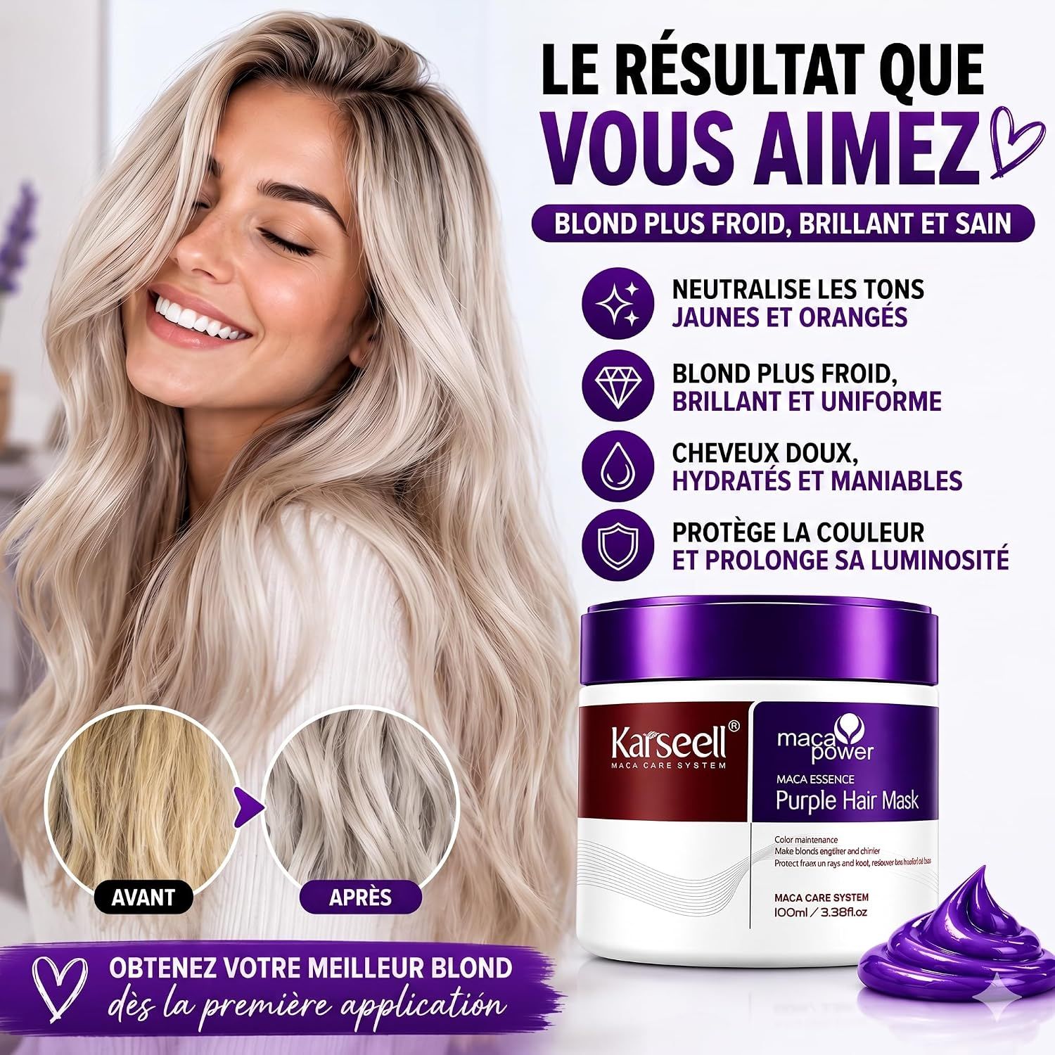 KARSEELL Masque Violet Anti-jaunissement pour Cheveux Blonds et Gris