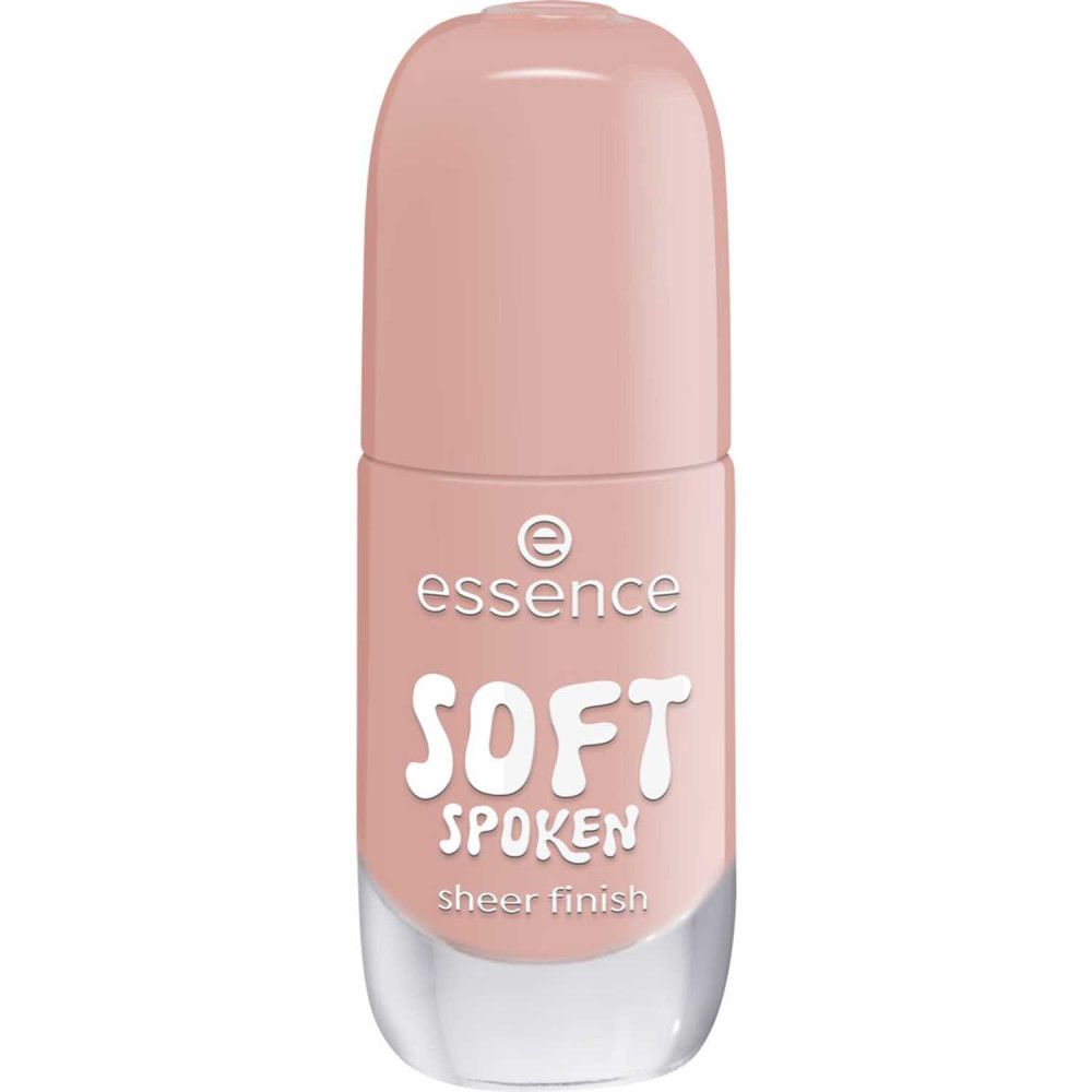 Flacon de vernis à ongles de teinte rose. Inscription "essence SOFT SPOKEN sheer finish".