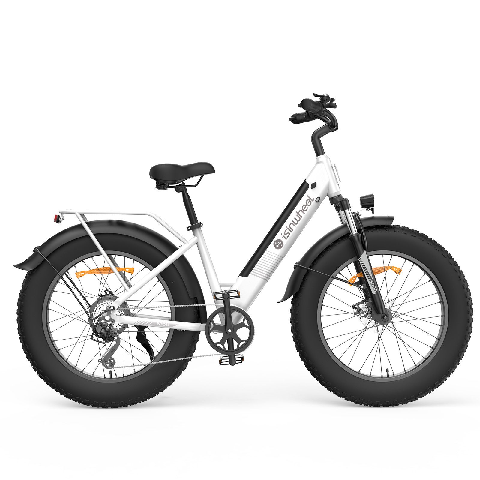 Vélo électrique blanc avec pneus larges, porte-bagages et logo Isinwheel. Garde-boue et selle noirs.