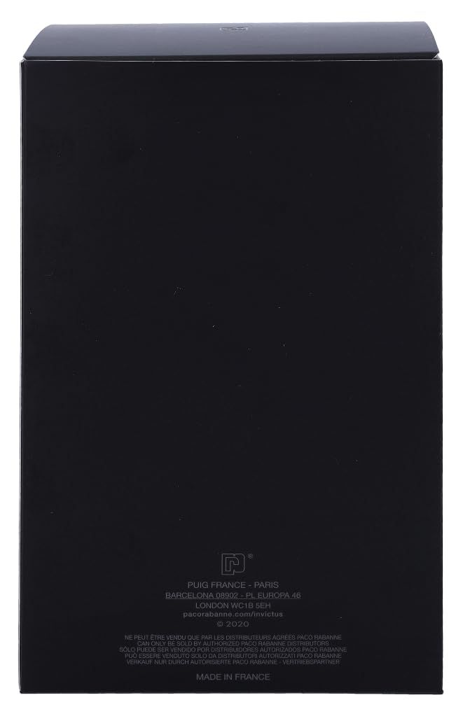 Zwarte verpakking met tekst. Opschrift: Paco Rabanne, Invictus, Made in France.