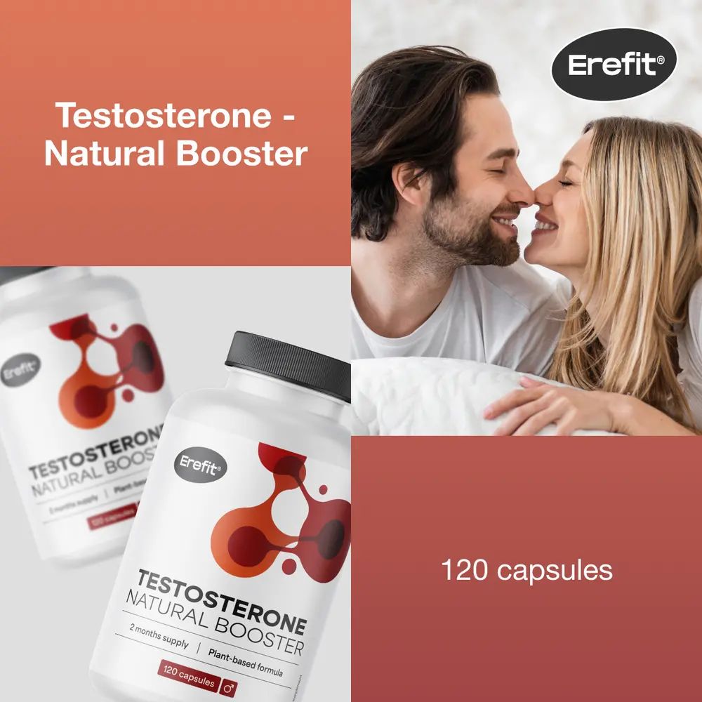 Koppel kust, flessen met capsules. Opschrift: Erefit, Testosterone Natural Booster, 120 capsules.