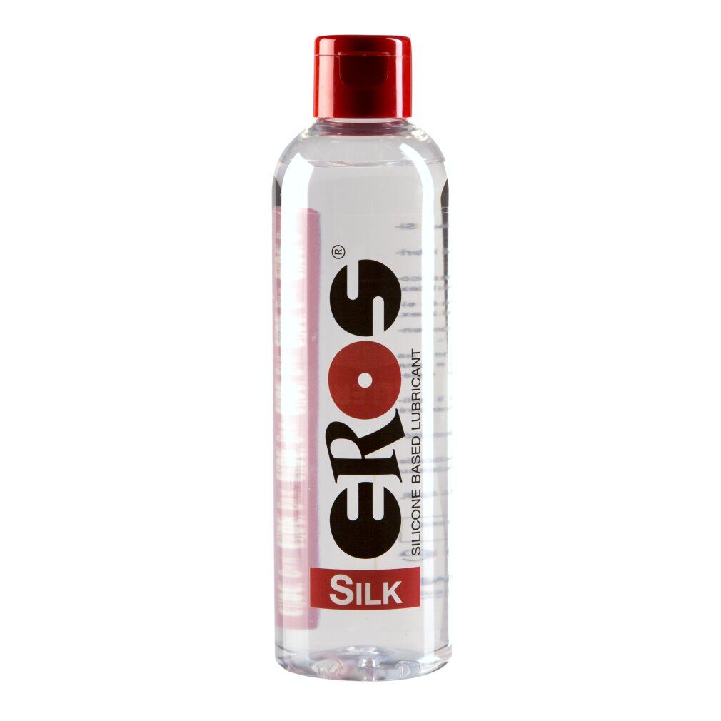 Transparante fles met rode dop. Opschrift: EROS SILK. Siliconen glijmiddel.