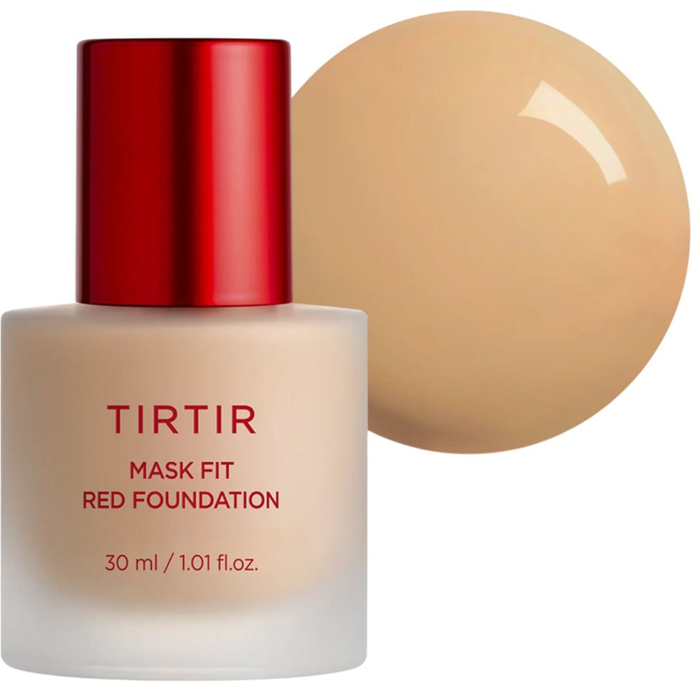 TIRTIR Mask Fit Red Foundation fles met rode dop en productmonster. Tekst: TIRTIR Mask Fit Red Foundation.