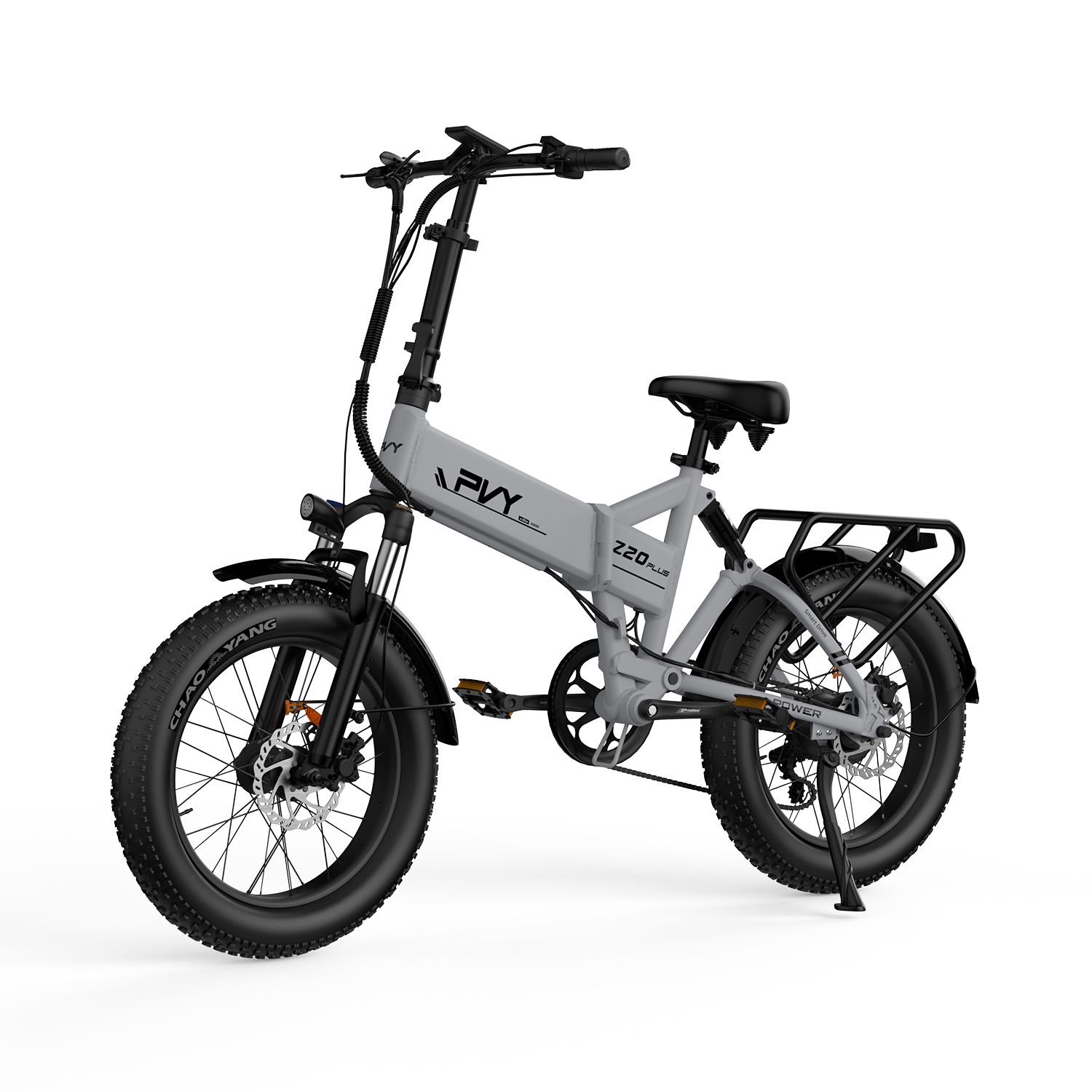 Grijze e-bike met zwarte banden en bagagedrager. Opschrift: PVY Z20 Plus.