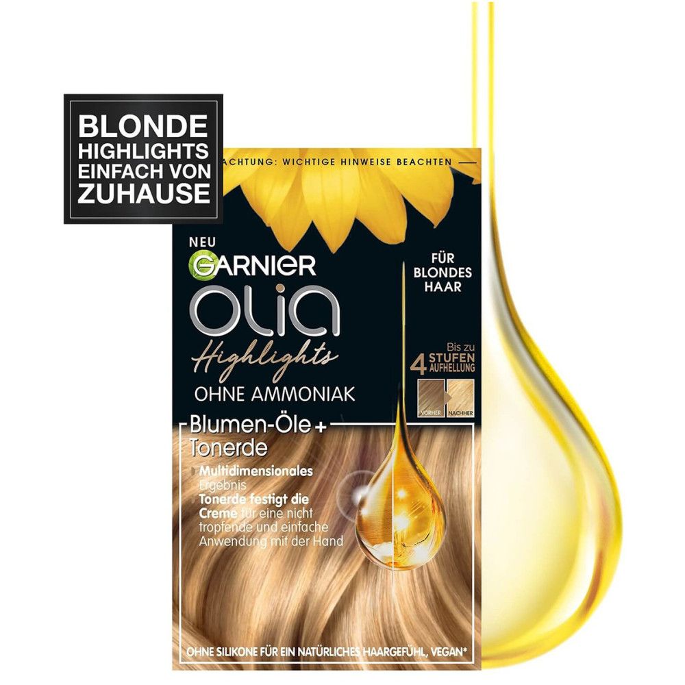 Garnier Olia Highlights verpakking. Voor blond haar, zonder ammoniak. Zonnebloemoliën. Tekst op de verpakking. Sticker: Blonde highlights thuis.