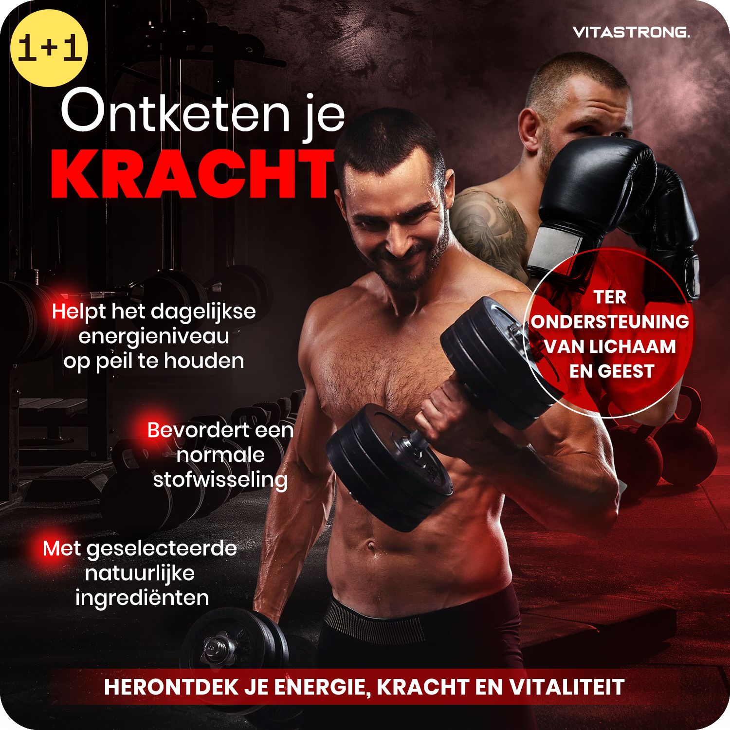 Man met dumbbells. Tekst: Ontdek je kracht. Helpt het dagelijkse energieniveau op peil te houden. 1+1 aanbieding.