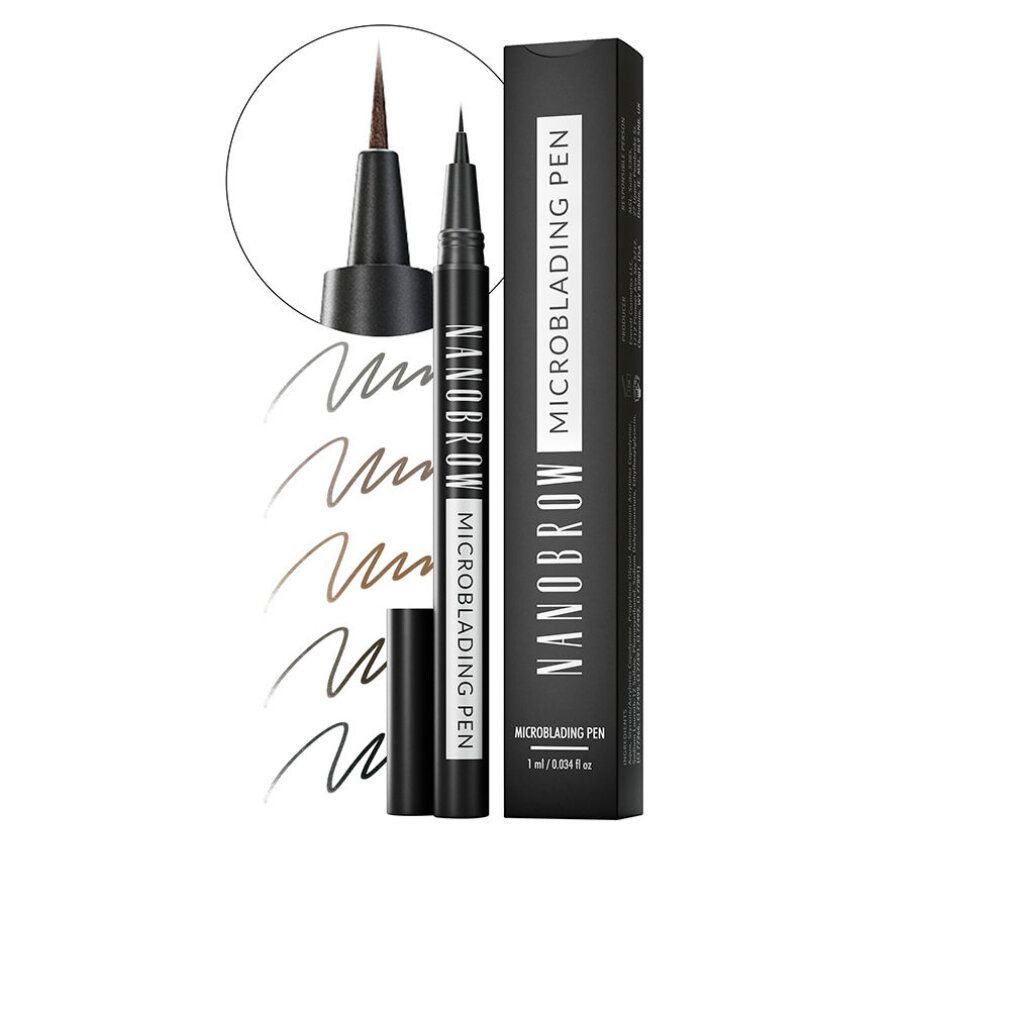 Stylo marron "Nanobrow Microblading Pen". Emballage noir avec nom du produit. Tracés en différentes nuances de marron.