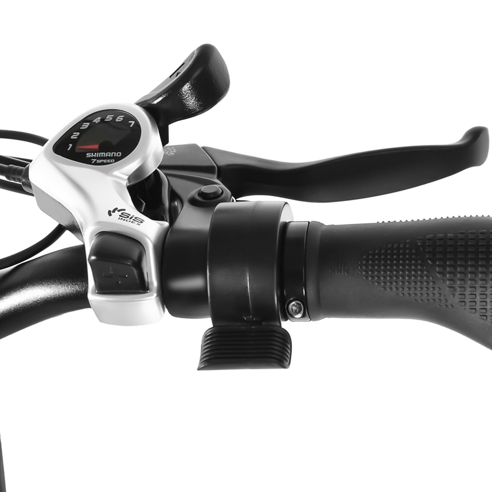 Gros plan du guidon d'un vélo électrique. Poignées noires, changement de vitesse argenté, leviers de frein. Shimano.